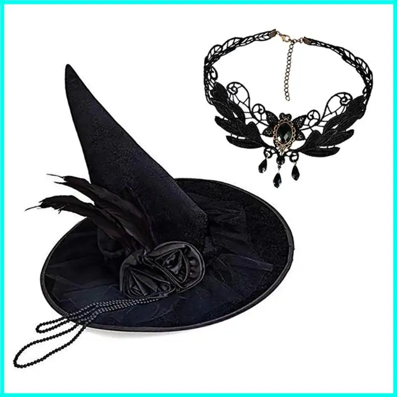 Artystyczny zestaw kapeluszy młodzieżowych Prosty kapelusz uliczny Halloweenowy kapelusz wiedźmy z koronką
