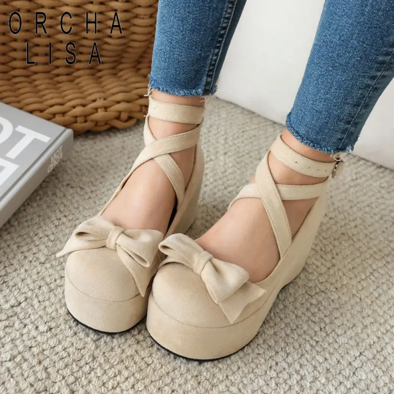 ORCHA LISA Lolita Girls Sweet Pumps Round Toe Wedges 8.5cm Platform Bowknot shoes Strap Plus Size 44 45 Bowknot Daily Shoes