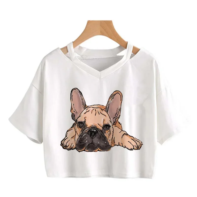 Women Fashion Summer Tshirt Cute French Bulldog Y2k Crop Tops Mange Gothic T-Shirt 90s Clothes Kwaii Cropped Tee Shirt Female