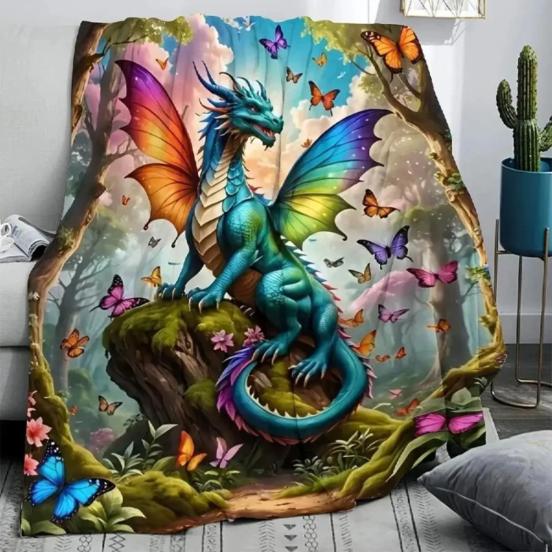 Cozy Butterfly Dragon Print Flannel Throw Blanket Soft Warm Perfect For Couch Bed Office Or Travel Machine Washable