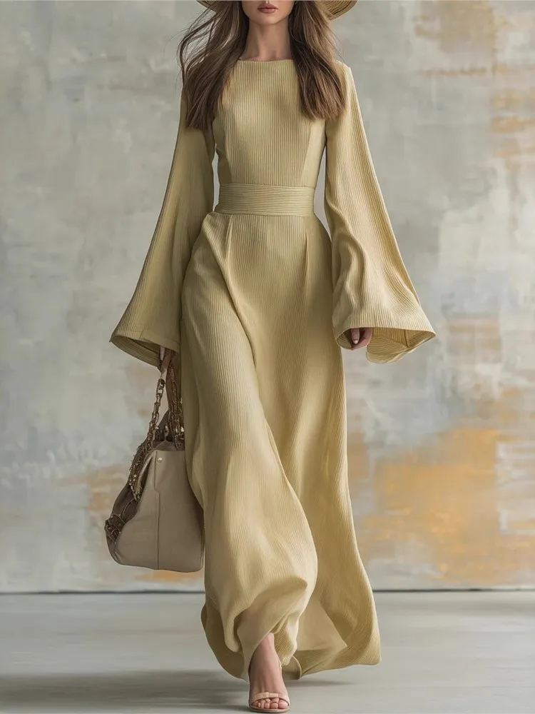 New Spring Elegant Crew Neck Long Dresses Woman Solid Tie-up Bowknot Slim Party Dress Autumn Flare Sleeve Loose Maxi Dress