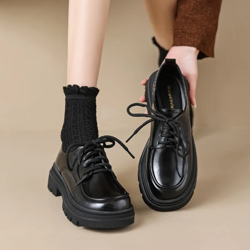

Black Fleece Lined Thick Heel Oxford Style Women's Shoes Increased Height Flat Shoes Round Toe Synthetic Leather Rubber Shoes