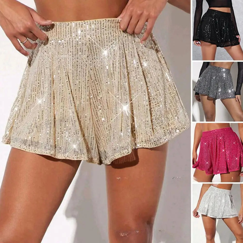 Women Solid Color Sparkling Sequin Dance Shorts for Women High Waist A-line Performance Shimmering Above Knee Shorts Mini Skirt