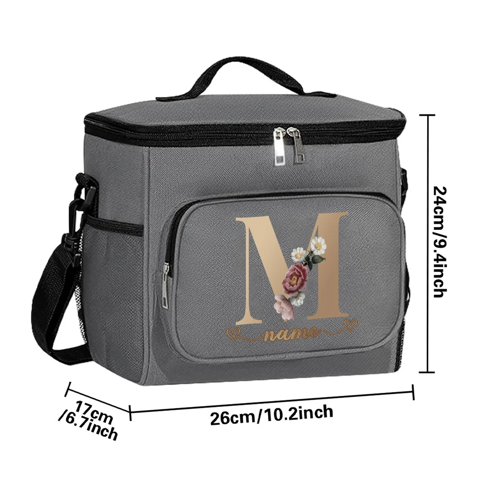 Customizable Name Grey Lunch Bag Insulated Handbag Rose Gold Series Multi Functional Picnic Lunch Box Waterproof Lunch Box