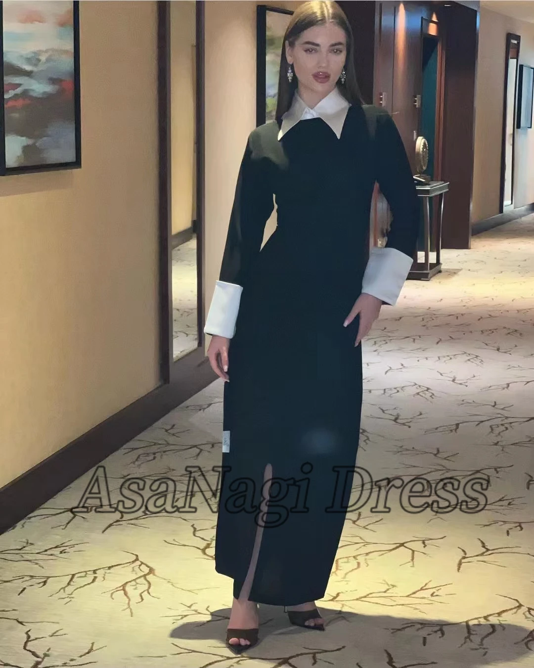 AsaNagi-Vestidos de baile de cetim preto feminino, até o tornozelo, gola alta, simples, elegante, vestido de festa formal, 2021