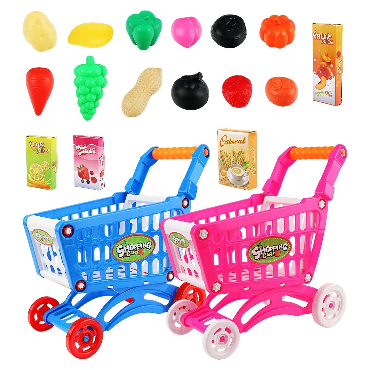 Children's simulation supermarket shopping cart, Guojiajia fruit and vegetable handcart toys, with many accessories