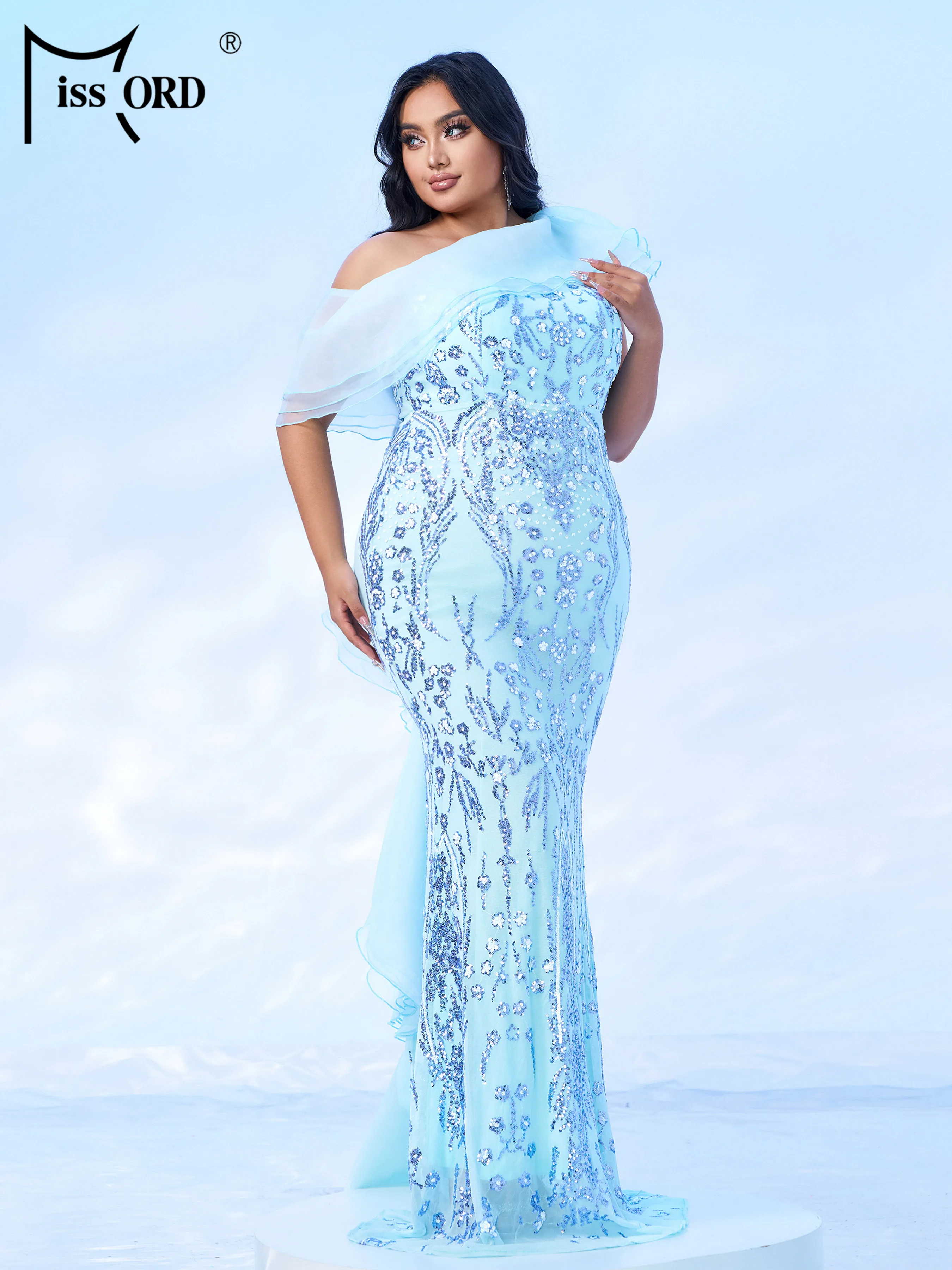 Missord-vestido asimétrico de sirena con lentejuelas, traje de noche para boda, fiesta de cumpleaños, ocasiones formales, color azul, talla grande, 2024