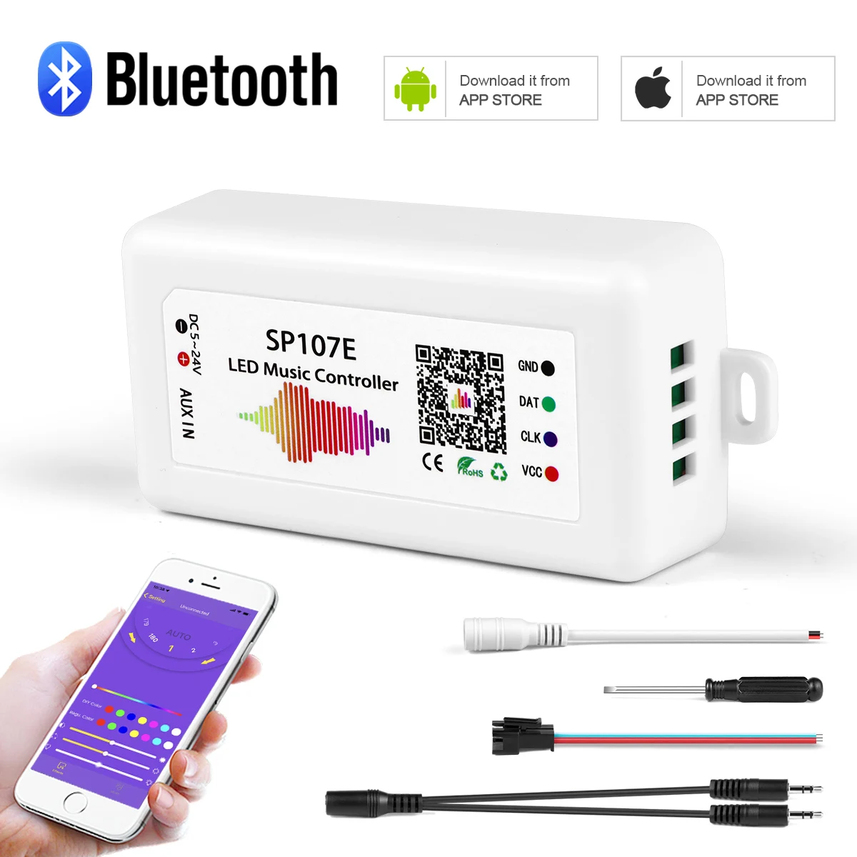 SP107E DC5-24V Controller musicale a strisce LED con controllo musicale APP a colori compatibile con Bluetooth Wireless per nastro LED WS2812B