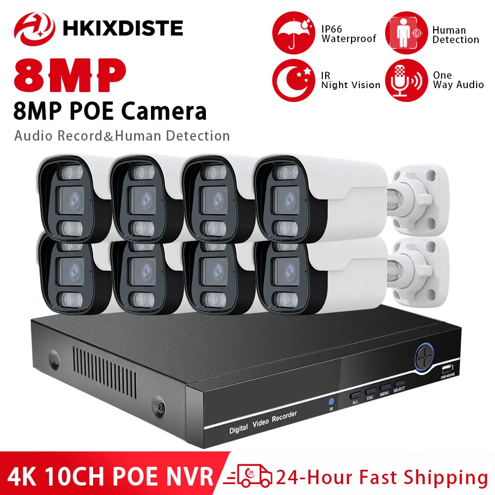8MP PoE Security Camera System 10CH NVR Kit With Bullet Cameras Human Detection IR Night Vision Audio Record IP66 Remote Access