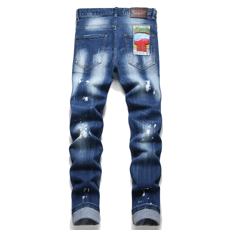 New Arrival 2024 Spring Men's Punk Jeans Hole Punched Stitching Mid Waist Printing Man Pants Casual Style D2024