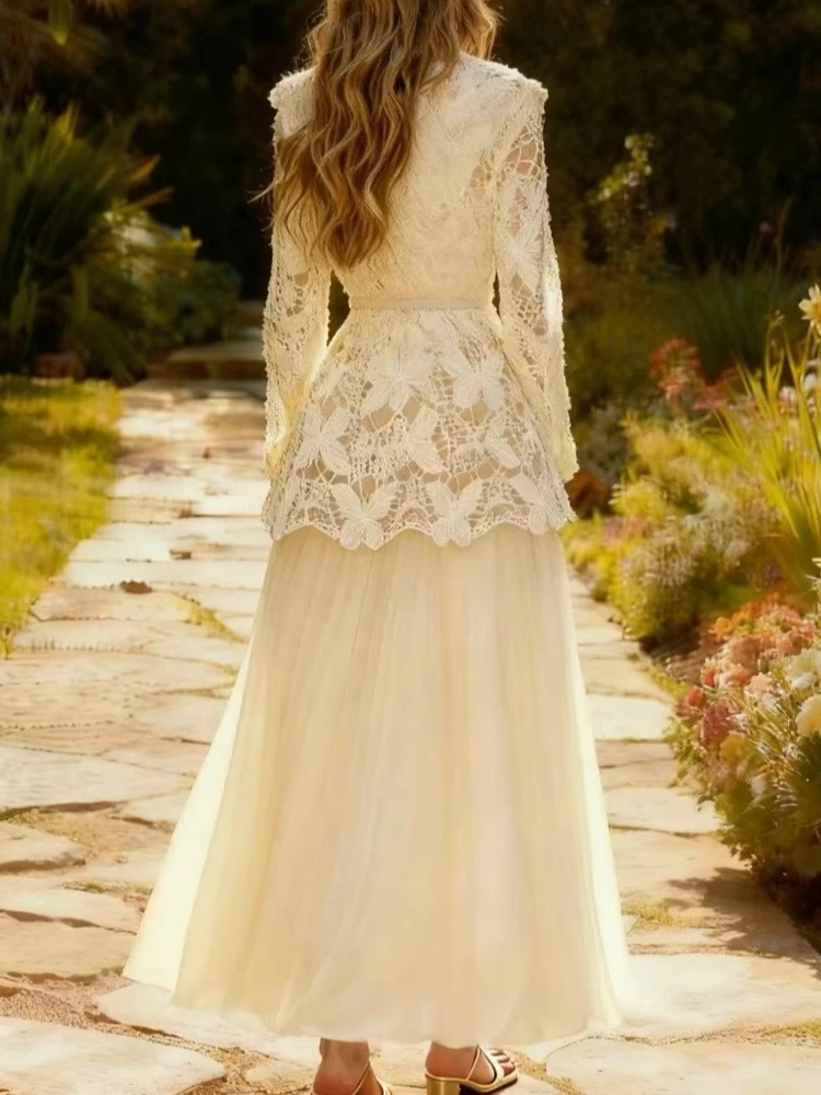 Conjunto de dos piezas de faldas largas de malla para mujer, camisa de encaje con cordones, manga larga, cuello en V, moda francesa elegante, Top de cintura alta, corte en A, otoño