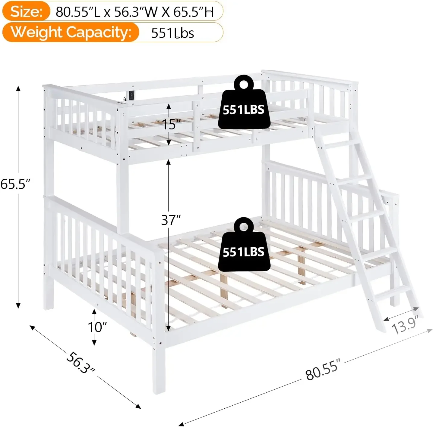 Vingli Bunk Beds Twin Over Full Size With Led And Charging Station, Convertible Wood Bunk Beds With Angled Ladder, High