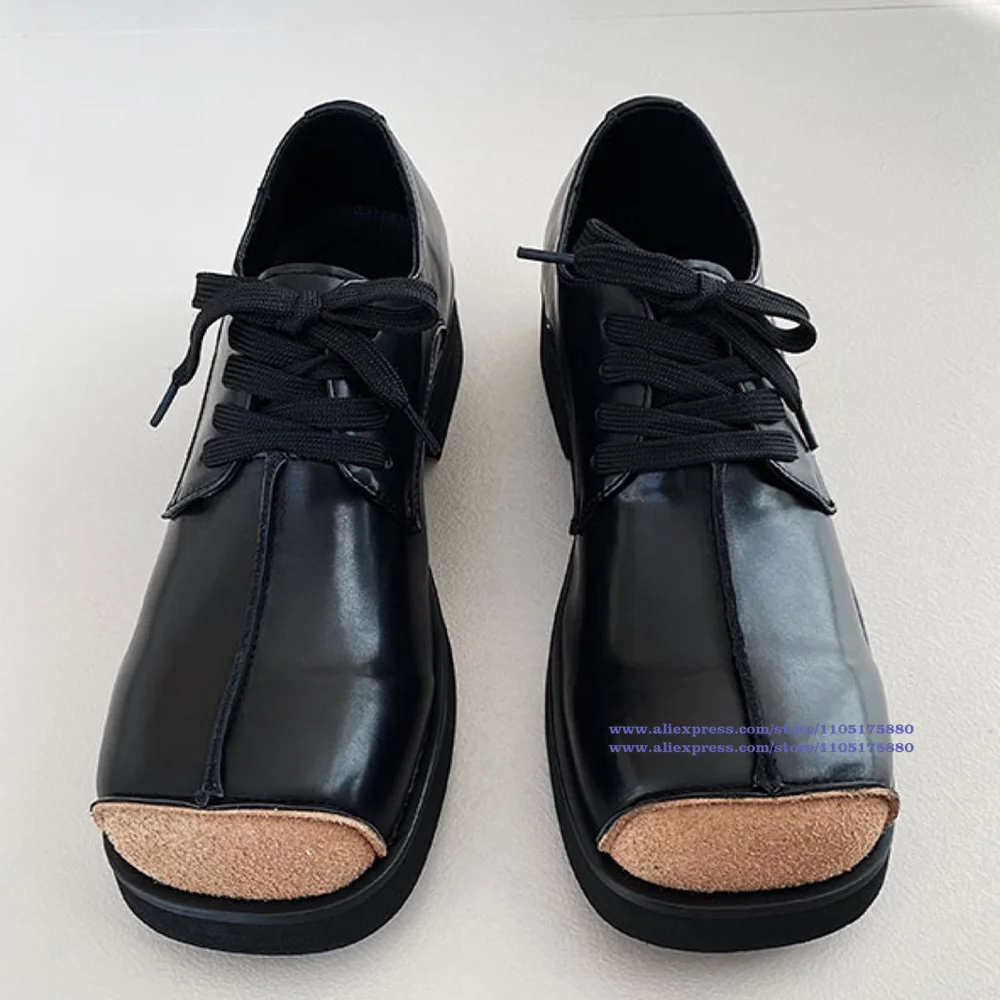 أحذية ديربي بمقدمة مربعة من الجلد الأسود أحذية برباط للرجال على الطراز البريطاني القديم أحذية رجالية عصرية فاخرة ذات نعل سميك