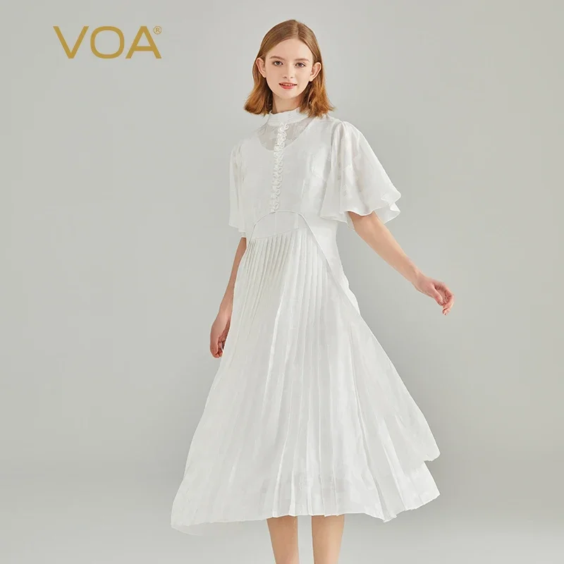 

VOA Flocked Jacquard Silk Standing Neck Speaker Short Sleeved Double-sided Satin Ski White Silk Two-piece Dress Summer AE2167