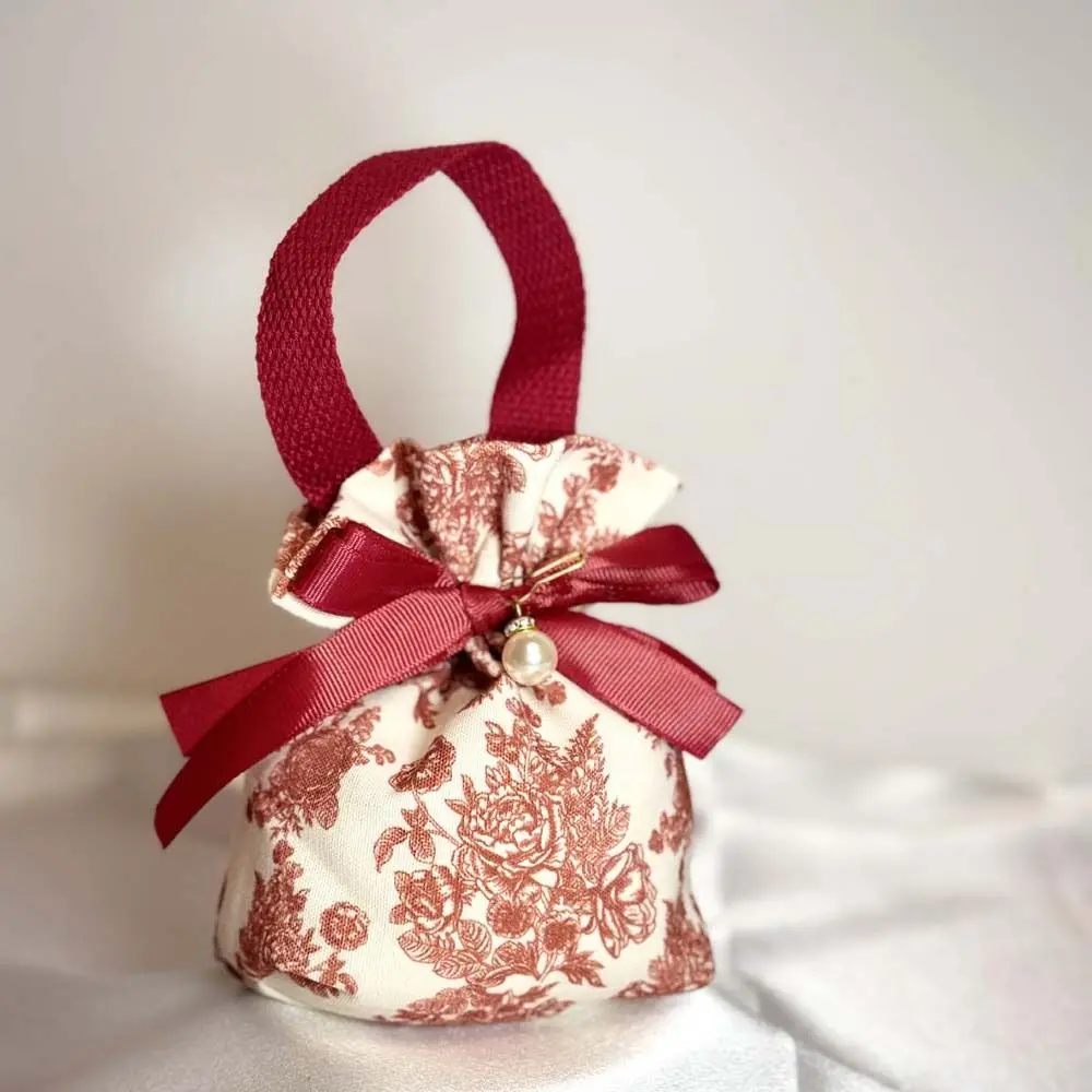 

Pearl Pendant Canvas Floral Drawstring Bag Large Capacity Satin Bow Festive Sugar Bag Coin Purse Wallet Storage Bag