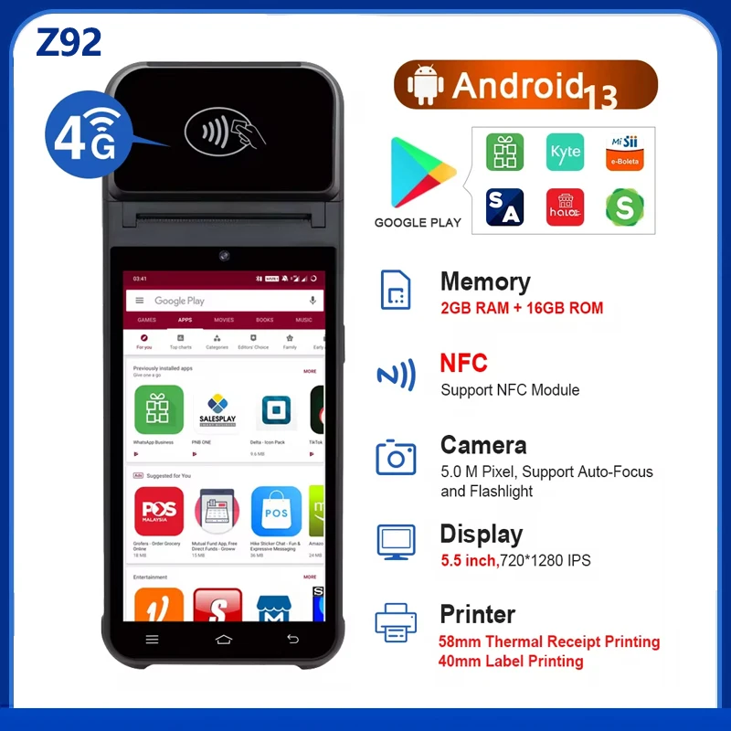 Portable Mobile Handheld Billing POS Printer With PDA Android Portable 5.5 Inch Screen Touch Handheld Android Label Z92 Printer