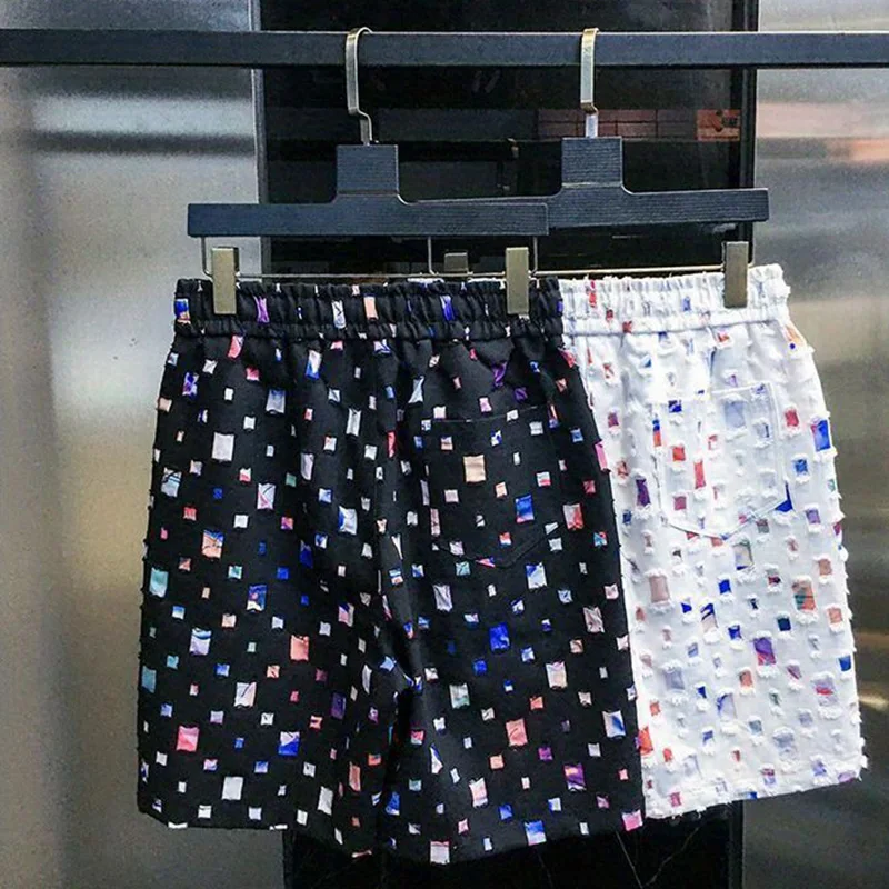 2024 New Summer American Retro Irregular Loose Casual Men\'s Wear Hip Hop Mixed Cotton Hollow Out Decorations Y2K Chic Short Pant