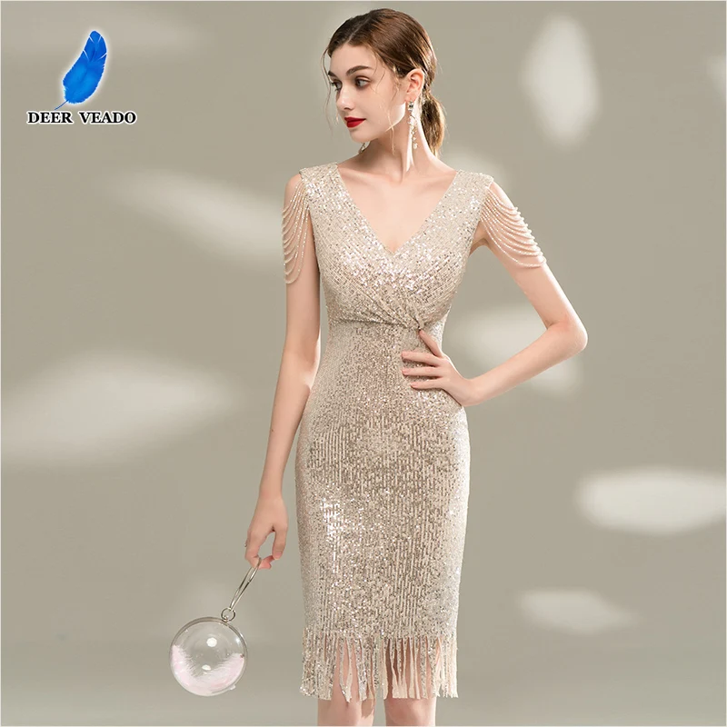

DEERVEADO 5 Colors Women's Elegant Mermaid Sequins Evening Dress Luxury Beading Cocktail Party Dresses with Tassel Formal Dress