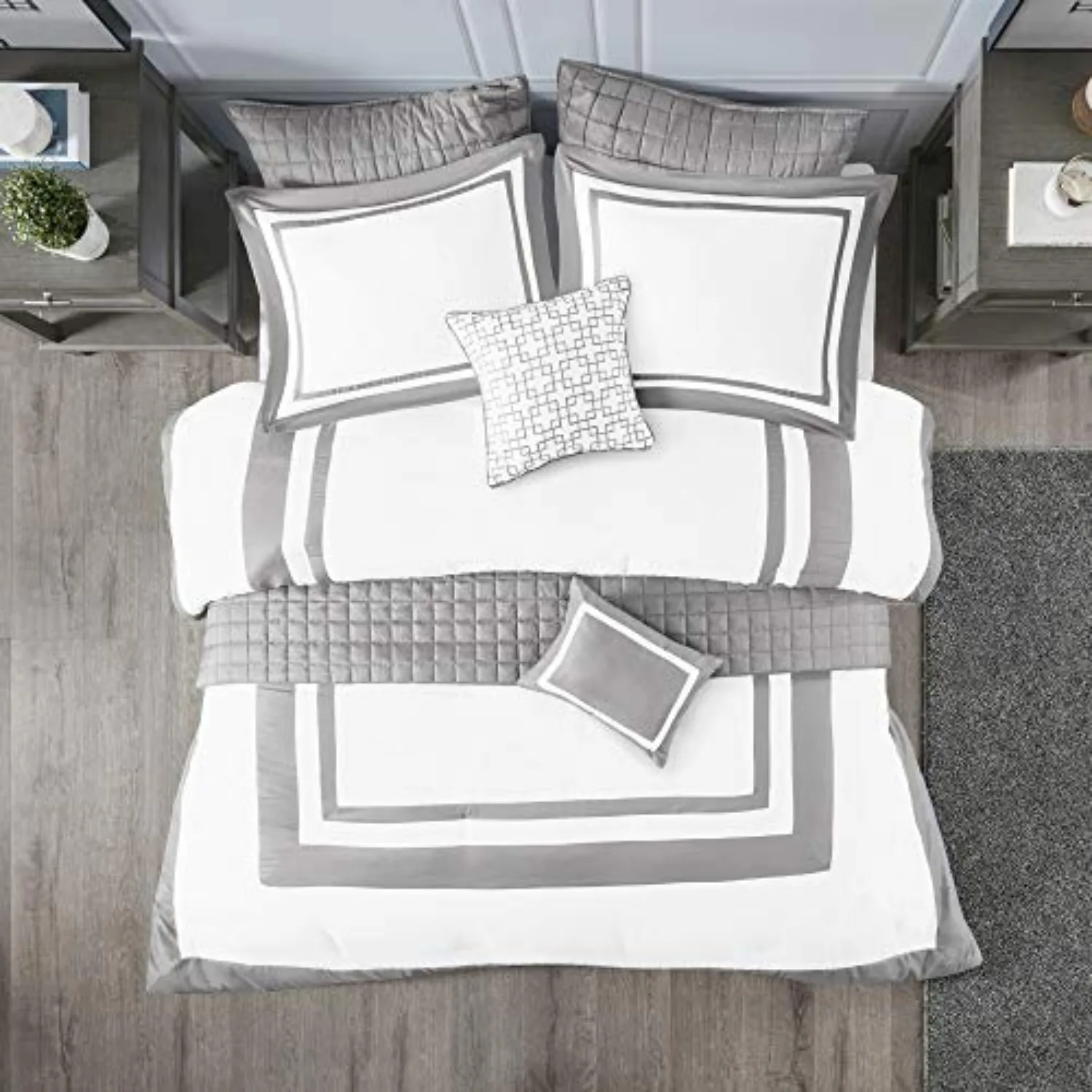 Luxe Hotel Comforter Set with Quilt, Grey, King/Cal King,8pc | Color Block, Machine Washable, Modern Down Alternative