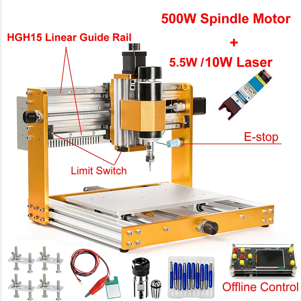 Linear Guide Rail Offline Aluminum Mini CNC Router 3018 Plus Engraving Machine 500W Spindle 5.5W 10W Laser PCB Milling Machine