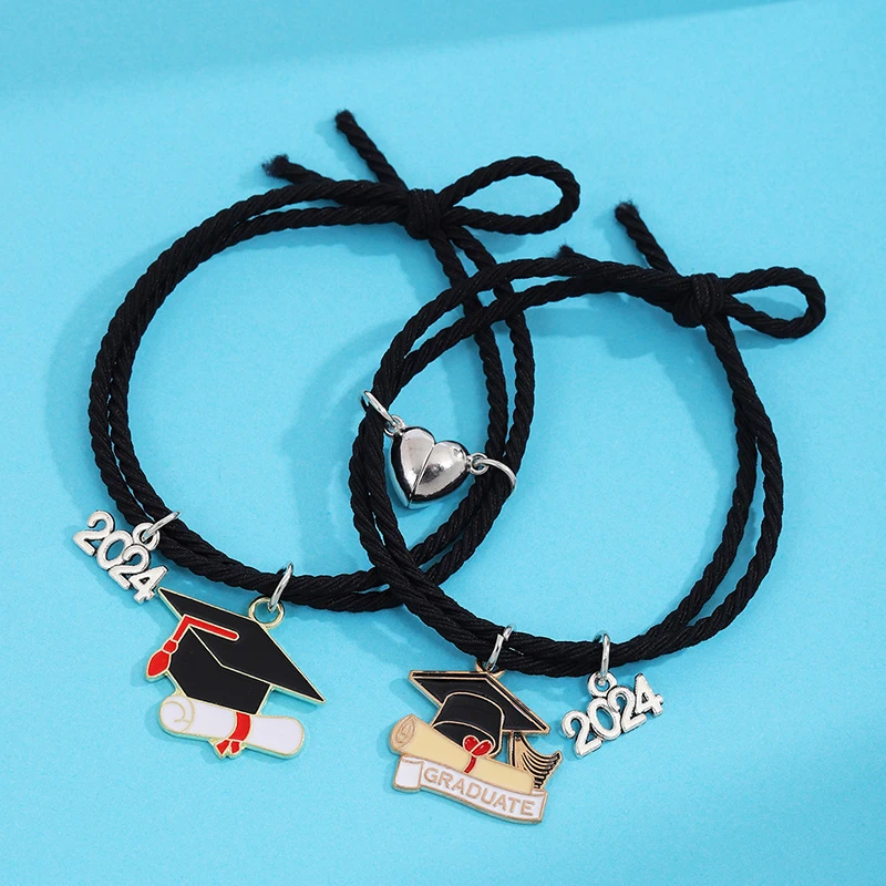 2024 Graduation Doctoral Cap Rope Bracelet Charm Handmade Woven String Jewelry Heart Student Gifts Magnet Couple Bracelet Gift