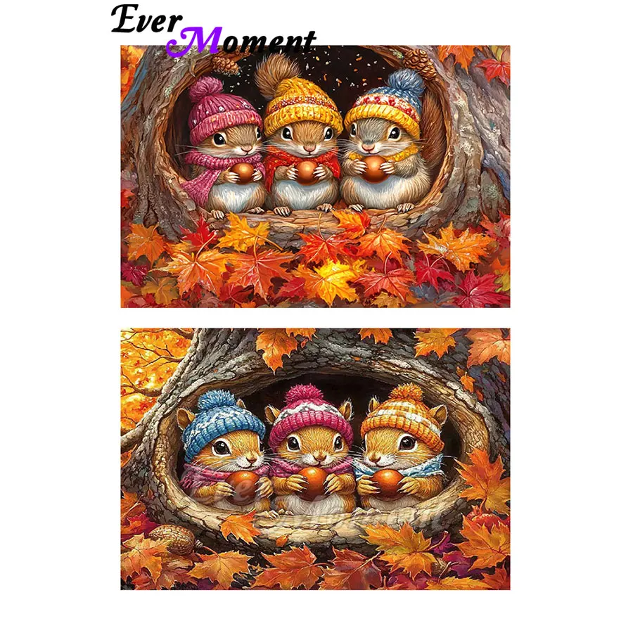 

3 Cute Squirrels in Tree Hole Diamond Painting Maple Leaves Autumn Theme Diamond Art Kit Mosaic Craft ASF2997