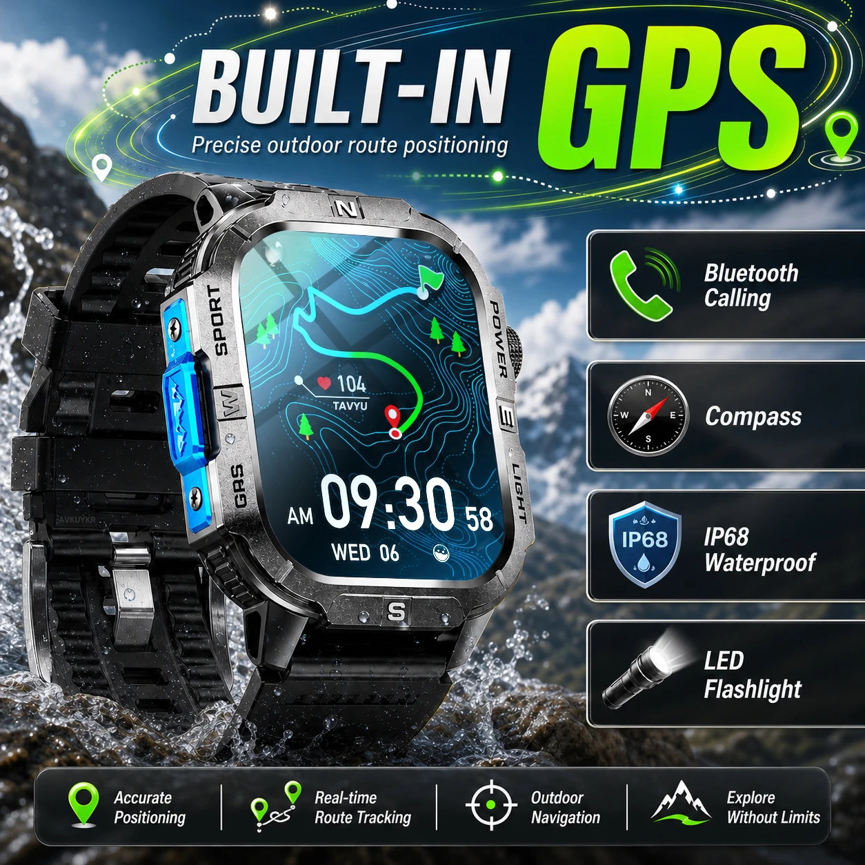 

2026 New Dual-band Climbing GPS Smart Watch Built-in Map IP68 Waterproof Compass Flashlight Call Military 100+Sports Smartwatch
