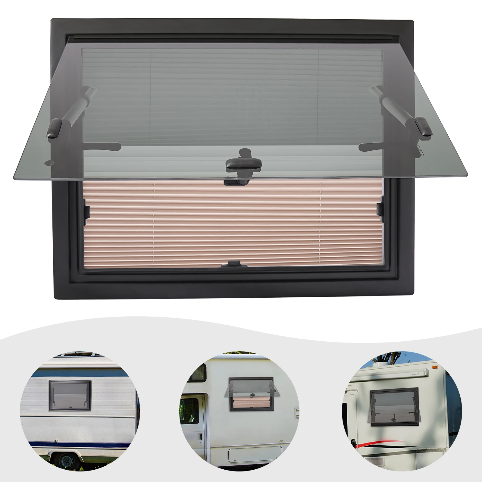 60 × 45 سم RV Caravan Camper Van Push Out Window سبائك الألومنيوم RV نافذة خارجية مع شاشة نافذة مقاومة للحشرات باللون الأسود والأبيض