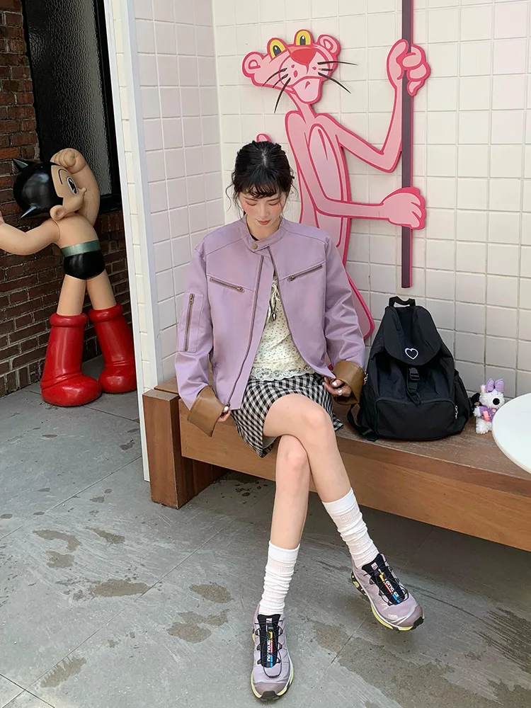 Giacca Corta in Pelle PU da Donna, Stile Motociclista, Colore Viola Taro, per Primavera e Autunno, Moda Piccola Fragranza, Antivento