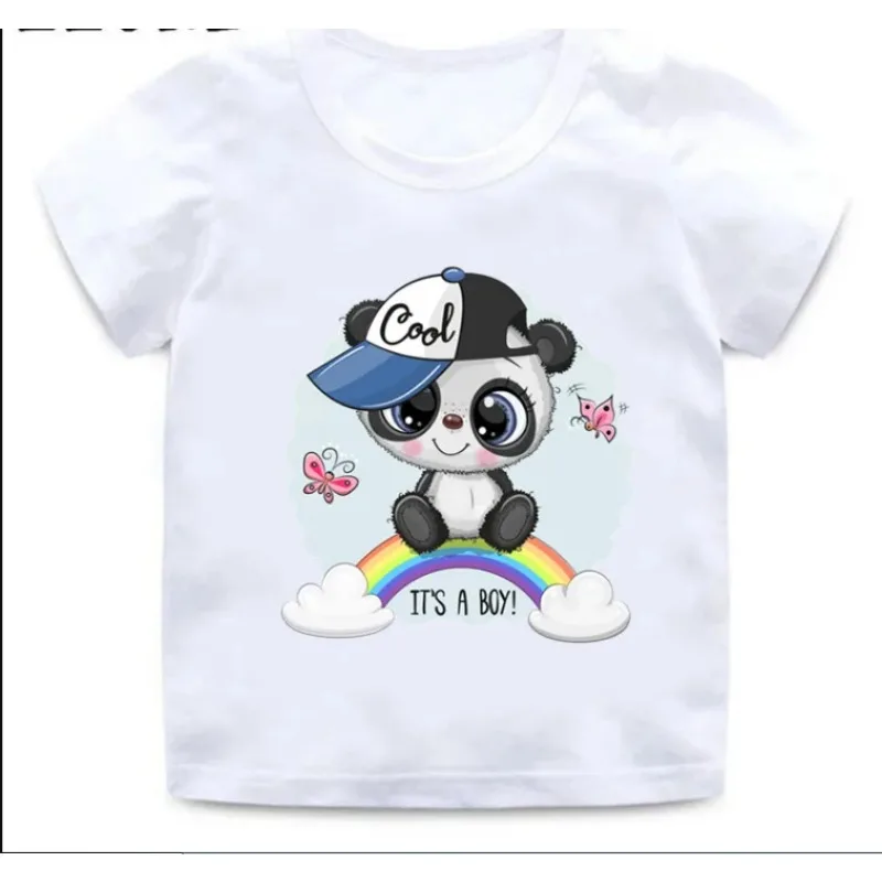 Crianças engraçadas e fofas panda cartoon camiseta gráfica, tops de manga curta, ouvir música, roupas de verão, meninos e meninas