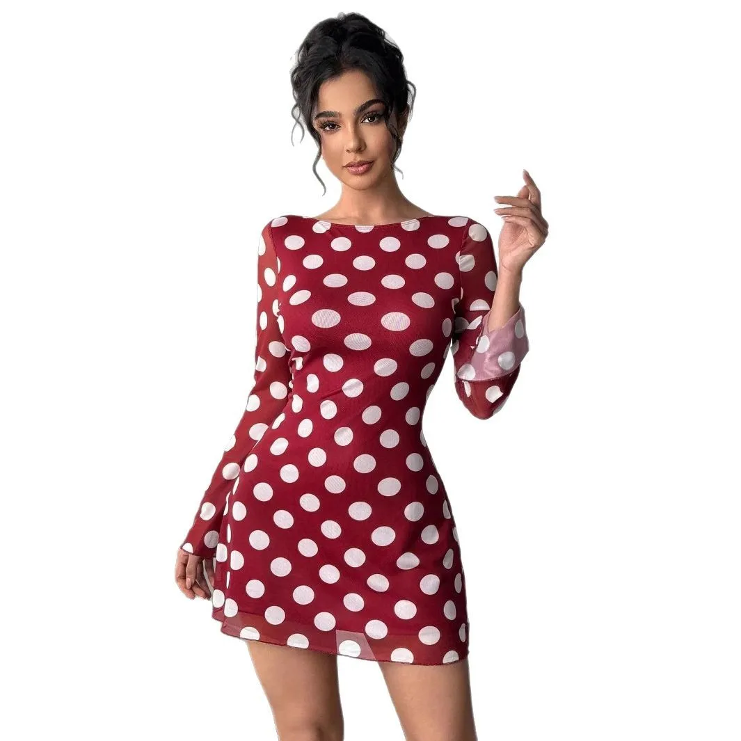 

Spring and Autumn New Women's Sexy Polka Dot Backless Mesh Flared Sleeve Mini Dress