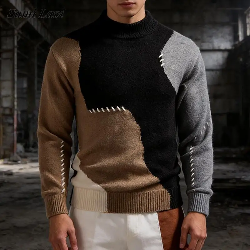 

Autumn Winter Daily Casual Mens Knit Jumper Vintage Contrast Color Patchwork Sweaters Fashion Men Long Sleeve Turtleneck Sweater