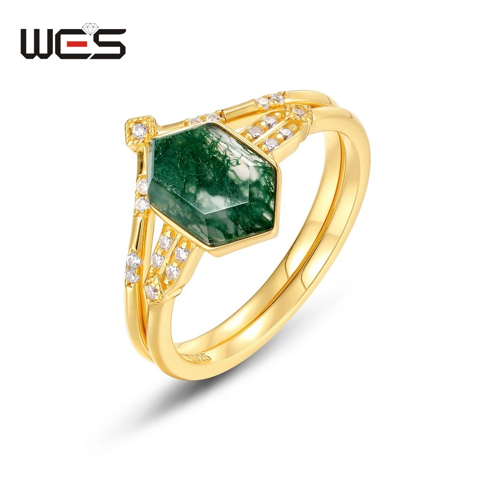 

WES 925 Sterling Silver Promise Gold Ring Set For Woman 6*10mm Unique Natural Moss Agate Geometric Engagement Exquisite Jewelry