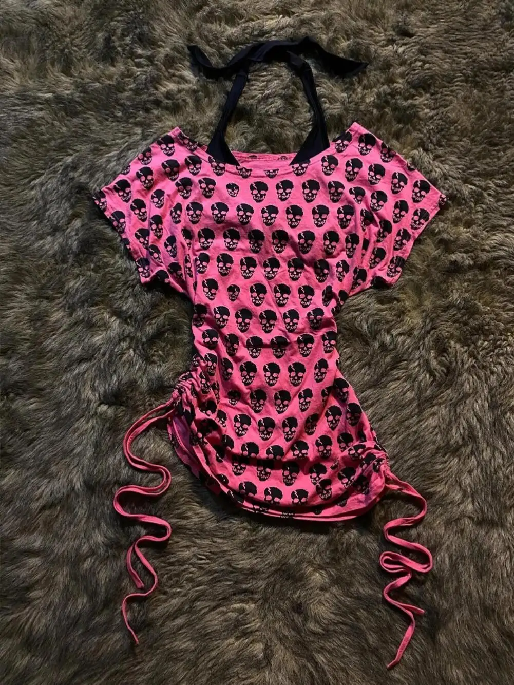 American Vintage Skull Print Drawstring Slim Waist Fake Two Pieces Short Sleeved T-shirt Summer Spicy Girl Y2k Halter T Shirts