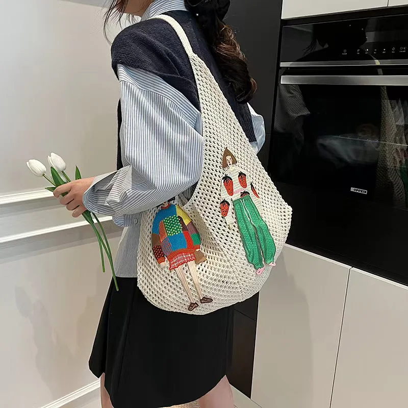 CLAREGQI Cartoon Figure Embroidered Crochet Tote Bag, Women's Hollow Out Mesh Woven Shoulder Purse  Handmade Crochet Shoulder Ba