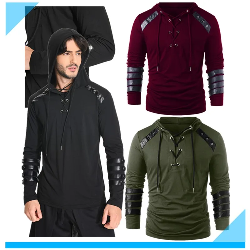 Medieval Men Viking Cosplay Shirt Gothic Pirate Lace-Up Shirts Costume Roleplay Fantasia Steampunk Victorian Hooded Hoodie Tops