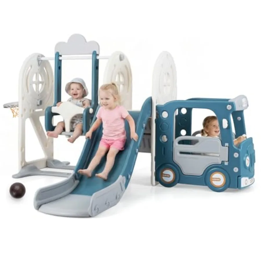 

Indoor Outdoor Toddler Slide and Swing Set 5-in-1 Bus-Themed Playset with Climber Basketball Hoop Car Playhouse Blue/Red Plasti