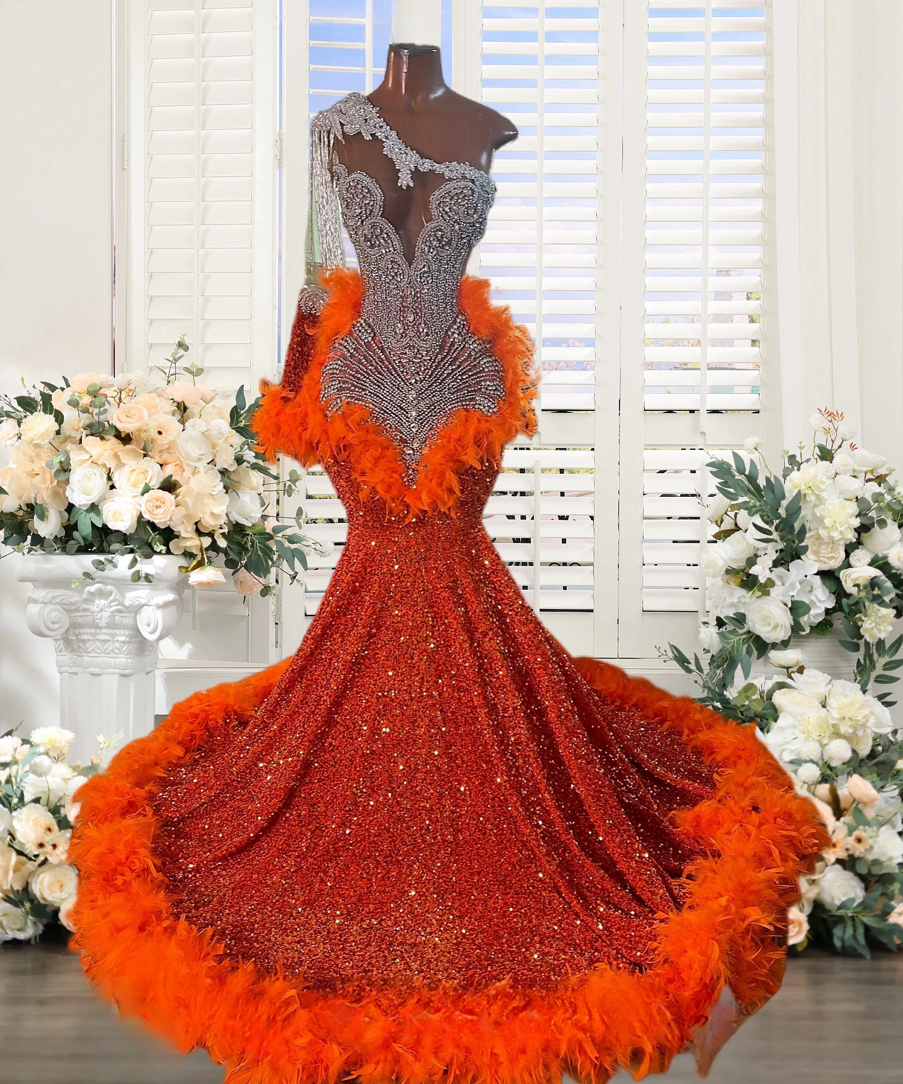 

Real Sparkly Sequined Mermaid Prom Dresses Long for Women 2025 Crystal Feather Orange Formal Evening Gowns