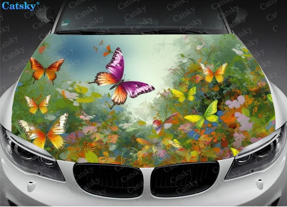 Butterflies and Flowers Car Hood Vinyl Stickers Wrap Vinyl Film Engine Cover Decals Sticker Universal Car Hood Protective Film