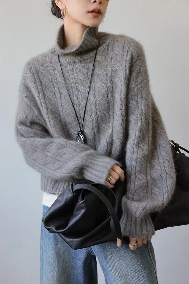 2026 winter new 100% pure cashmere sweater women's turtleneck twisted flower loose thickened sweater outerwear undershirt