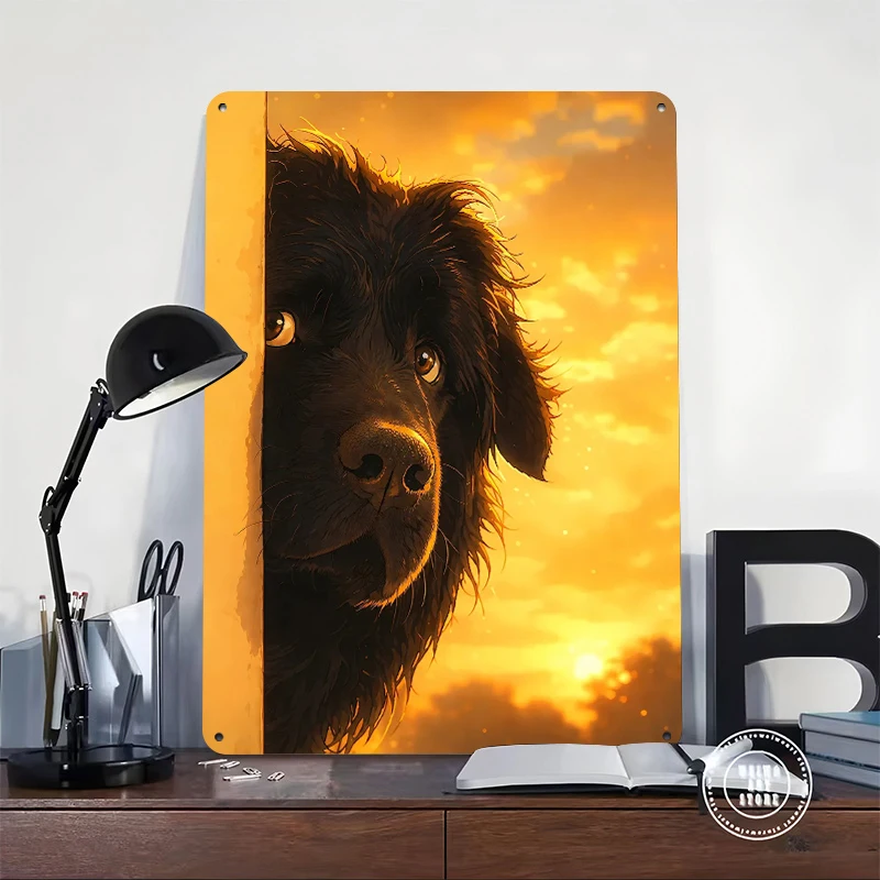Newfoundland Dog Peeking At Sunset Metal Poster Customized Wall Art Retro Vintage Tinplate Signs for Modern Home Decoration Room