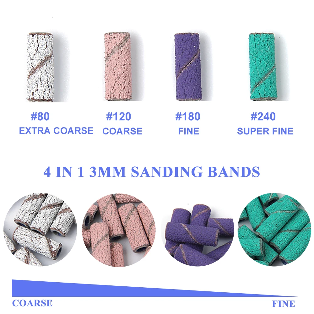Faixas de lixamento de unhas de 3mm, grãos mistos 80/120/180/240-com 1 peça de eixo para broca elétrica de unhas, kit de manicure e pedicure 60 peças