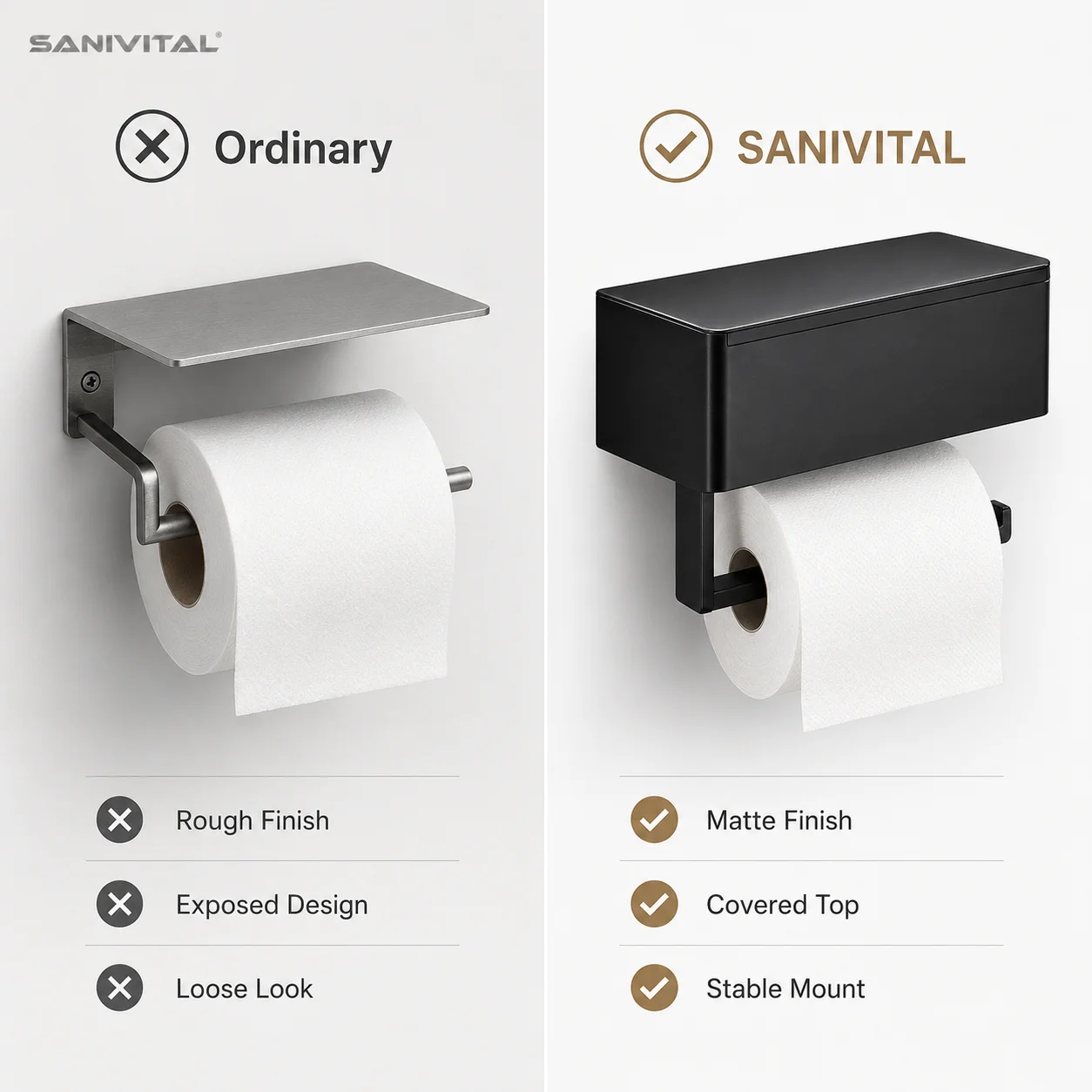 SANIVITAL Drill Mount Toilet Paper Holder Matte Black Wall Mounted Tissue Roll Holder with Storage Shelf for Bathroom view 3
