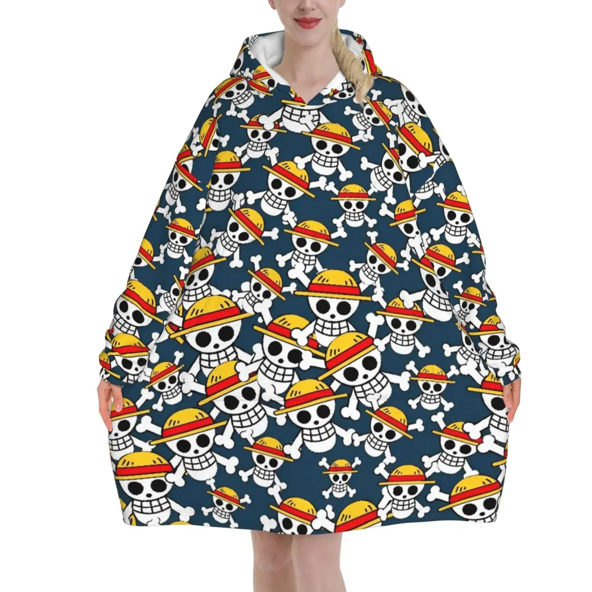 

One Piece Anime Manga Luffy Oversized Blanket Hoodie Sweatshirt Long Fleece Hooded Wearable Blanket with Large Pocket