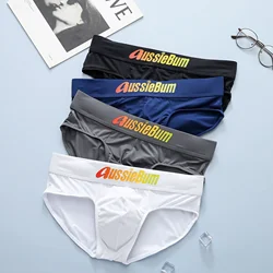 Aussiebum Mannen Slips Melk Zijde Lage Taille Elastische Comfortabele U Bolle Tas Kleurrijke Woorden