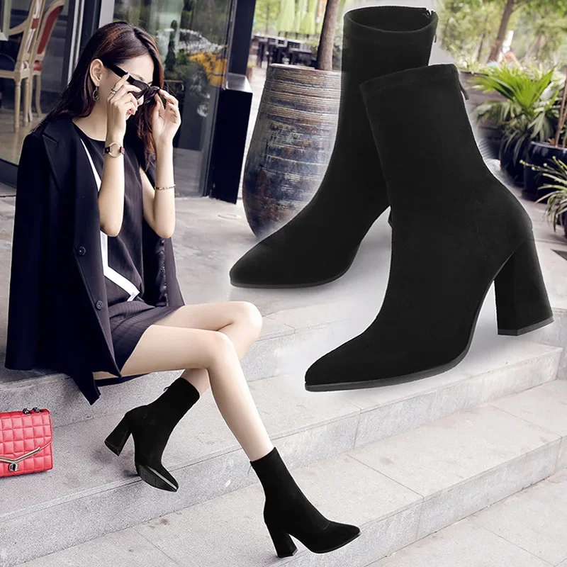 Comemore Ankle Chunky High Heel Black Sock Boots Women Autumn Fashion Pointed Frosted Suede Short Boot Female Sexy Warm Boots 34