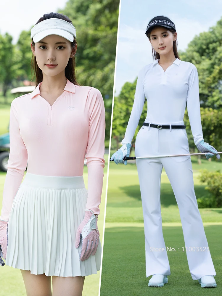 Pgm Women's Golf Long-Sleeve Polo Shirts High Waist Short Skirt Ladies V-Neck Comfort Stretch Golf Tops Tennis Sporty Skorts