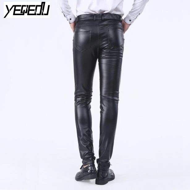 #2207 Spring Winter Skinny Faux Leather Pants Men Stretch PU Mens Joggers Fashion Casual Pencil Tight PU Pants Black Plus Size