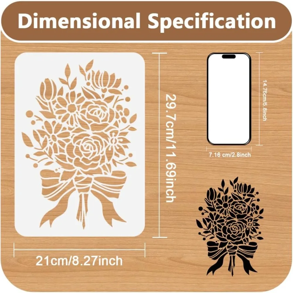 1pc Flower Bouquet Wall Stencil for Painting 11.69”x8.27” Floral Bouquet Reusable Stencil for Wood Burning Paint Template