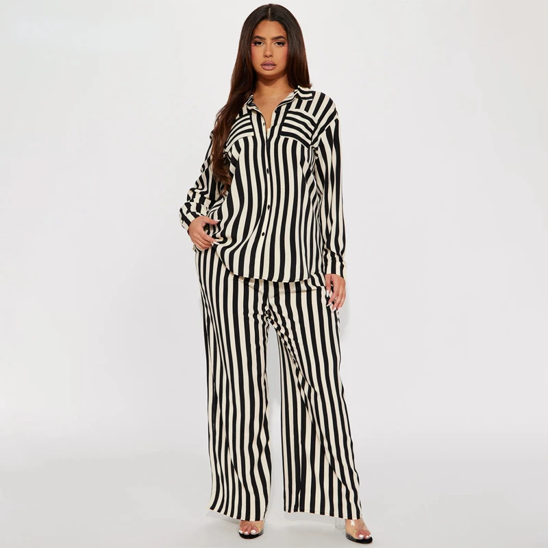 BWQ Striped Women's Set Long Sleeve Pocket Shirt and Straight Wide Leg Pants 2024 Fashion Two 2 Piece Sets Outfit Tracksuit